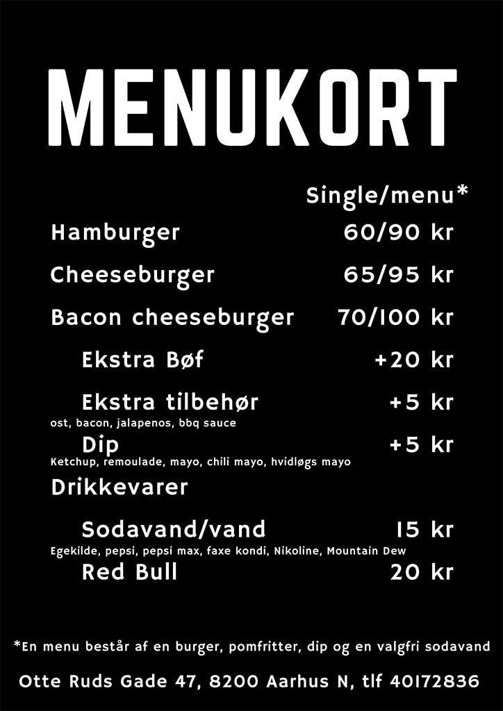 Kødstaden Burger Joint Trøjborg - menukort