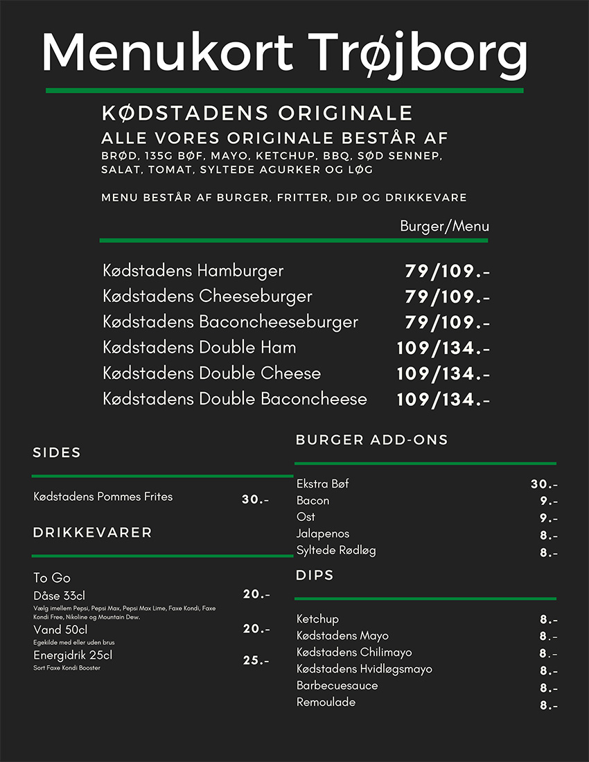 Kødstadens Burger Joint - Trøjborg menukort